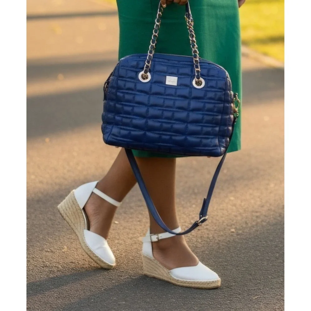 Kate Spade Quilted Leather Satchel Cobalt Blue Gold Chain Crossbody Bag